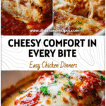 Golden Baked Chicken Parmesan Casserole topped with melted cheese and herbs in a white dish.